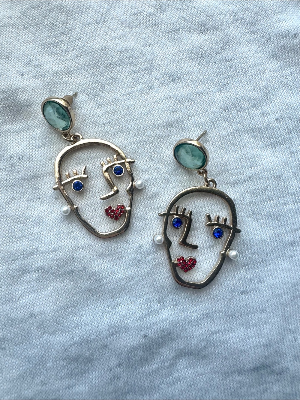 Artistic Face Drop Earrings with Blue, Green and Red Accents